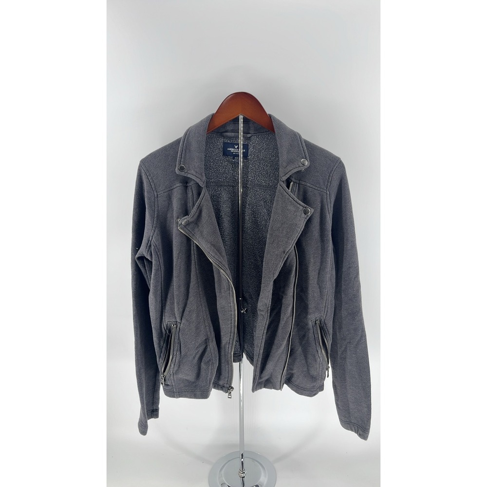American Eagle Gray Knit Moto Jacket Asymmetrical Zip Fleece Biker Size M